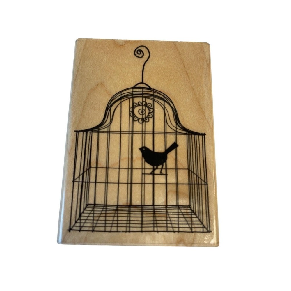 Mounted Rubber Stamp Bird in Cage Card Stationary Pet Sanctuary